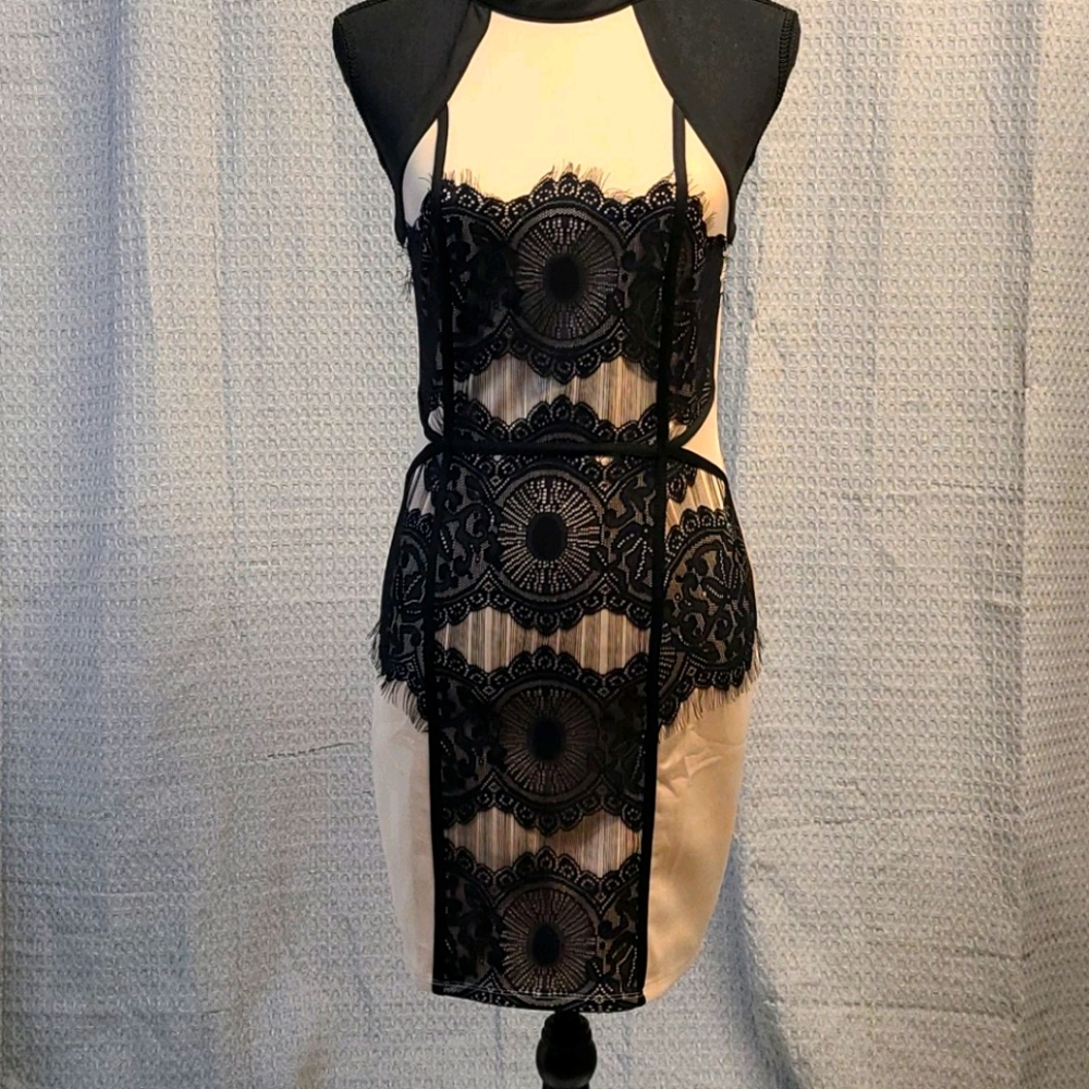 NWT Virgin Only Cream w Black Lace Dress